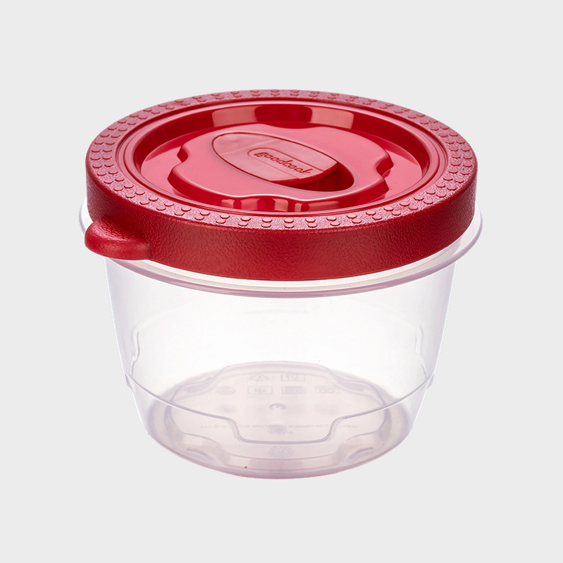 PFB052 Récipient cylindrique de conservation des aliments en PP de 360 ​​ml avec couvercle surmoulé rouge ventilé